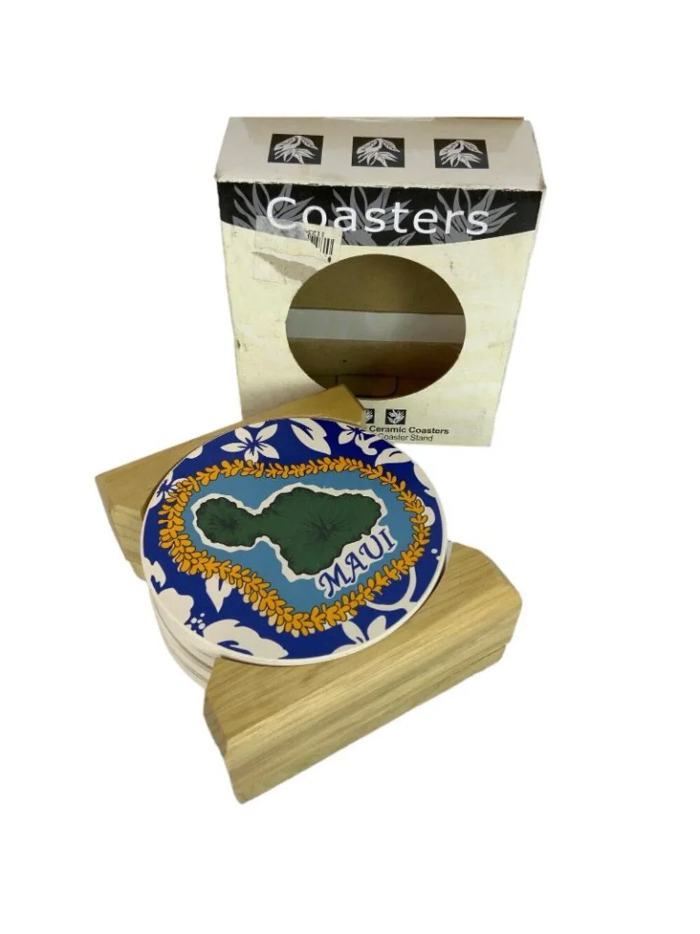 Maui-Themed Ceramic Coasters Set Of 4 With Cork Backing & Wooden Stand